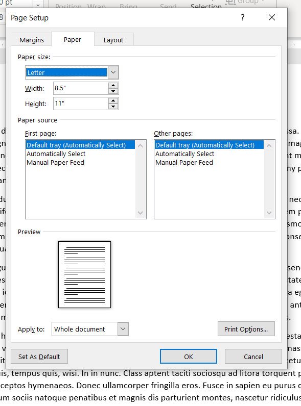 word for mac change paper size